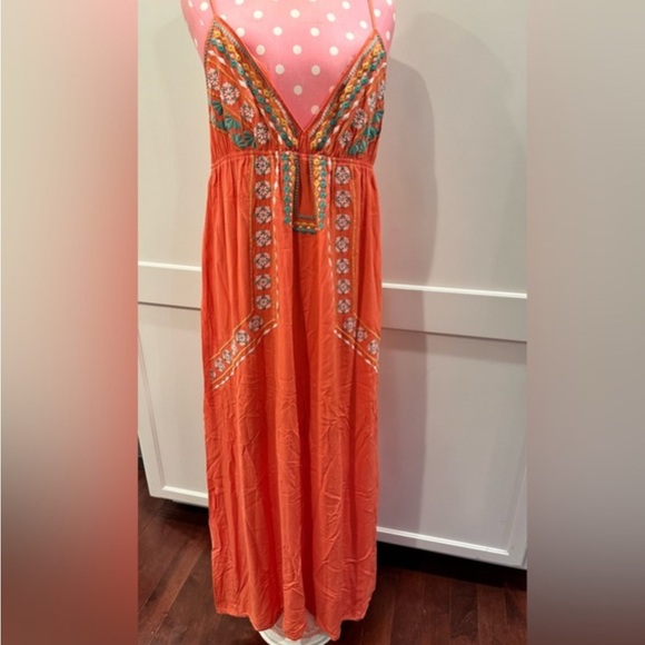 Flying Tomato Topical Orange Maxi Dress Size Small Embroidered Lined Cruise - Picture 2 of 11
